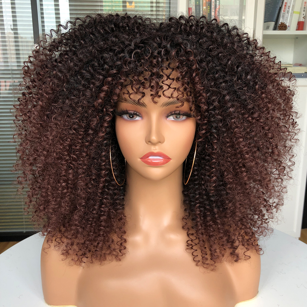 Pelucas rubias de pelo corto para mujeres negras, Afro, rizado, flequillo, Cosplay, Lolita, sintético, Marrón Natural, mezclado: P18 / 22