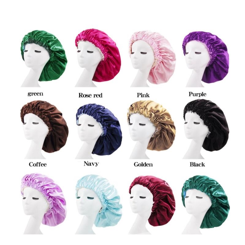 Effen Kleur Omkeerbaar Zijdeachtig Satijn Motorkap Dubbele Laag Slaap Night Cap Head Cover Motorkap Hoed Voor Voor Krullend Veerkrachtig Hair zwart
