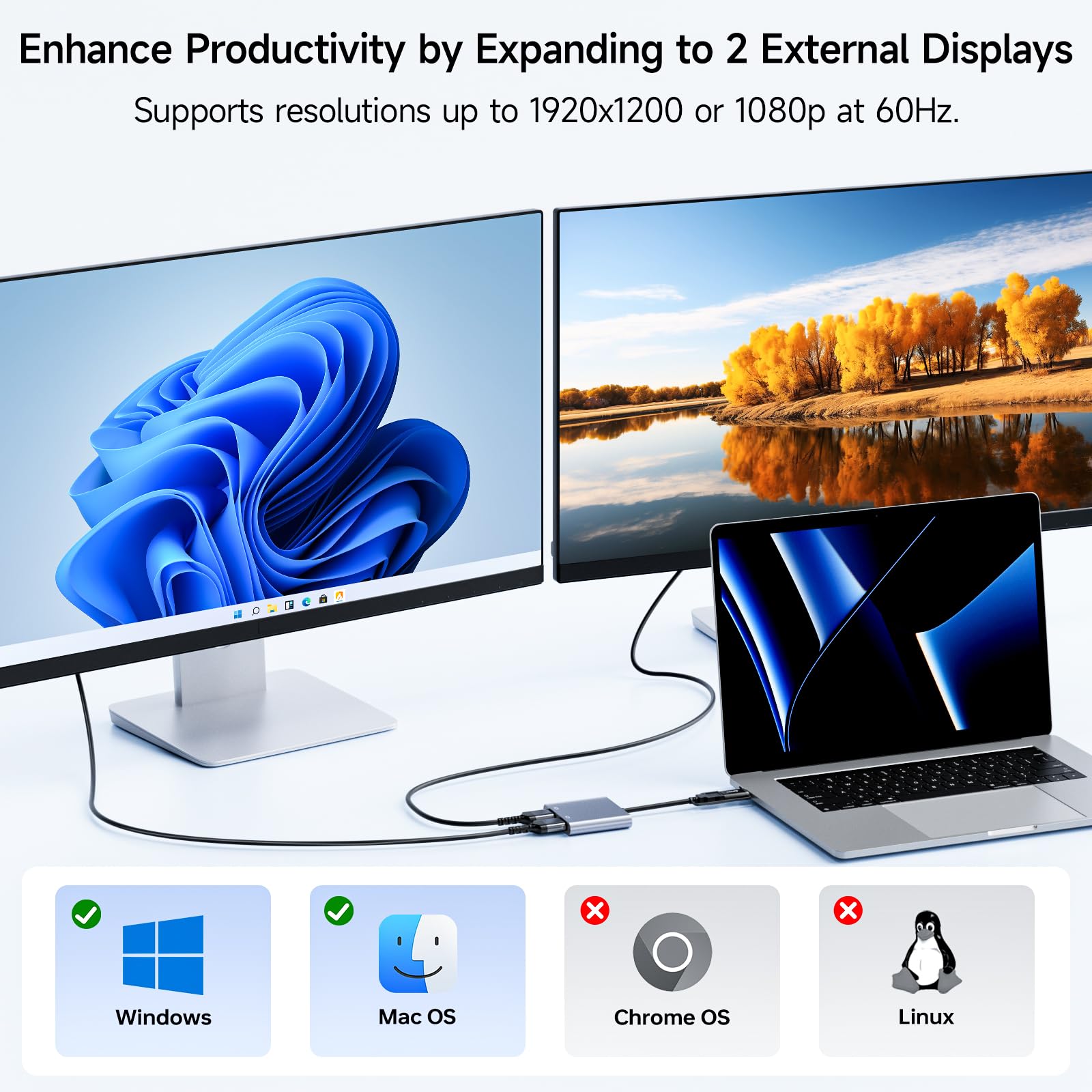 Usb till dubbel hdmi-adapter, usb c  to 2 hdmi-splitter stöder windows ,m1/m2 mac os, stöder endast processorer 11th- generationen eller senare