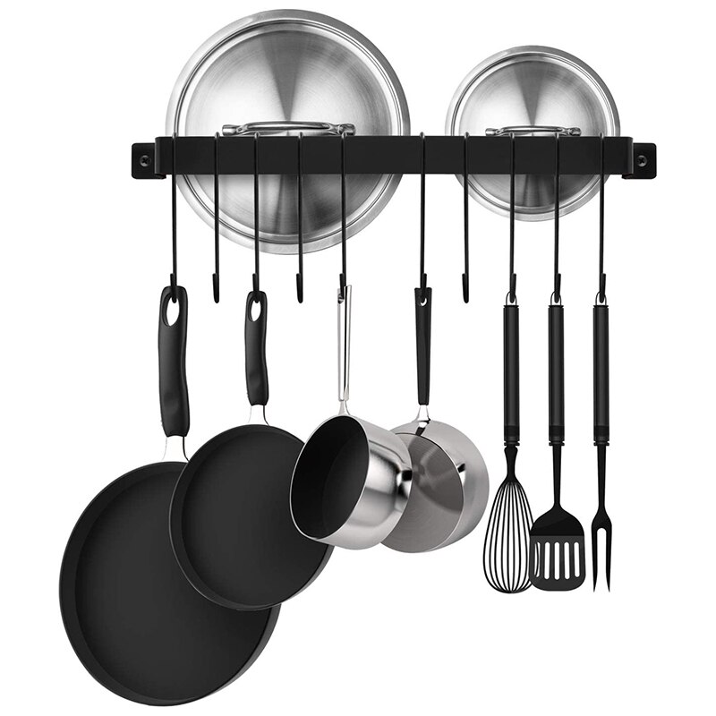 Kitchen Pot and Pan Hanger Rail Bar Rack Wall Mounted 17 Inch with 10 Hooks, Utensil & Cookware Hangers, Industrial