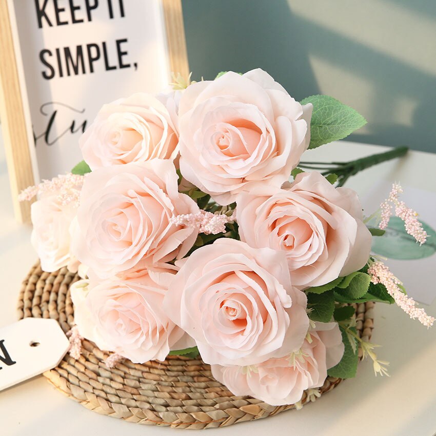 Ramo de rosas artificiales de seda púrpura, arreglo de flores de simulación para de boda, hogar, jardín, sala de estar, decoración de escritorio