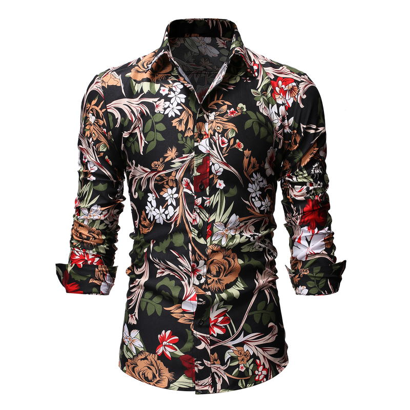 Men's Printed Shirts Male Slim Fit Long Sleeve Shirt Men Floral Print Casual Shirts Plus Size: M