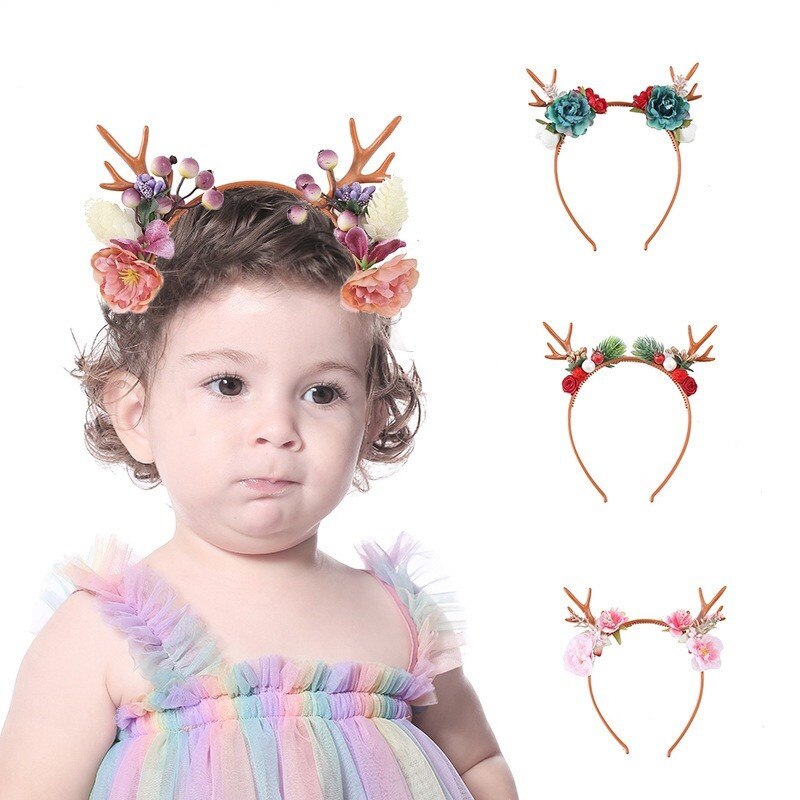 Kerst Hoofdbanden Gewei Elastische Hoofdband Kids Hoofddeksels Rendier Bloem Ornamenten Kerstversiering Partij Cosplay
