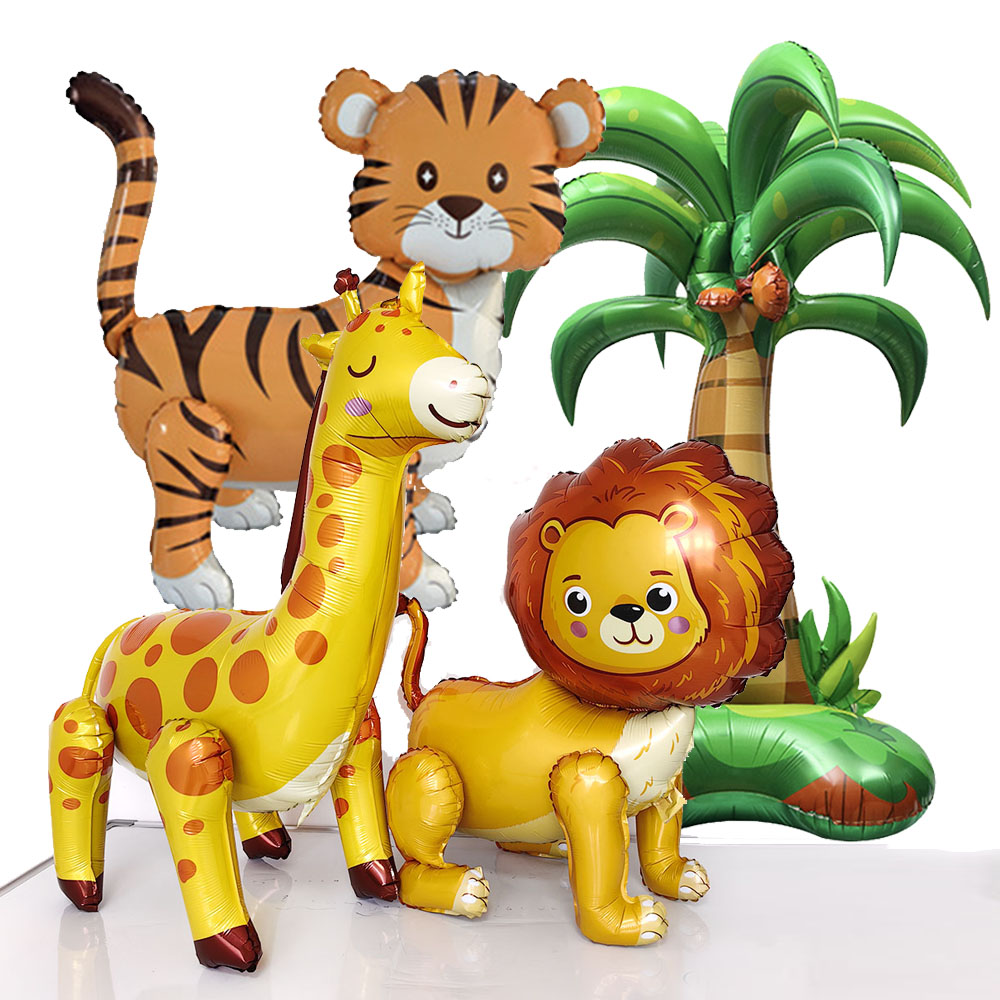 Globos de animales de Safari en la jungla, leones de pie 3D, tigres, jirafas, palmera para niños, decoraciones de cumpleaños