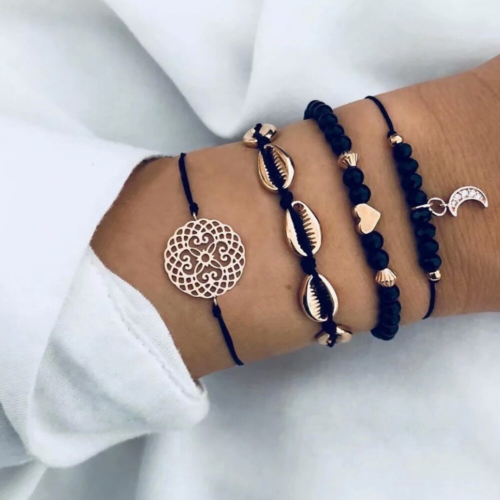 5 teile/satz Böhmen Hülse Mond Charme Armbinde einstellen Für Frauen Herz Geometrische Schwarz Perlen Kette Armreif Mädchen Schmuck: Nachgemachter Rhodium überzogen