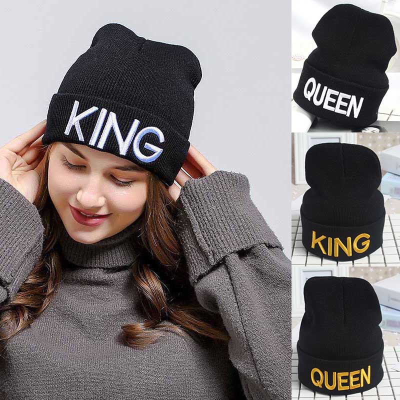 Humoristisk brev bomuldsblanding vinter varm beanies strik king dronning trykt hat broderihue til mænd kvinder