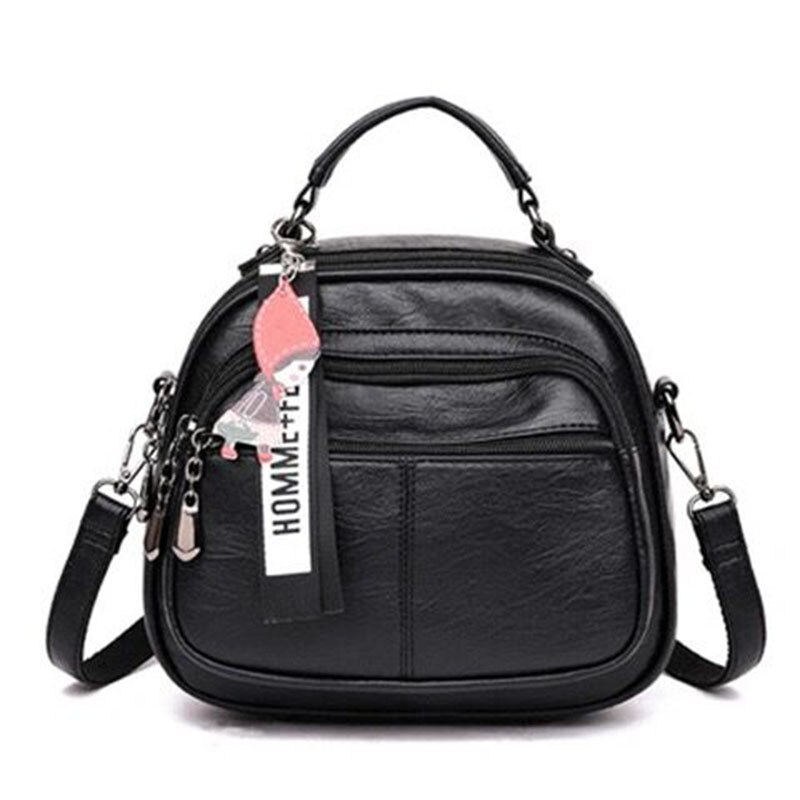 Mulheres pequenas mochila feminina vintage retro couro macio multi-bolso mochila feminina ombro crossbody multifuncional mochila: Black