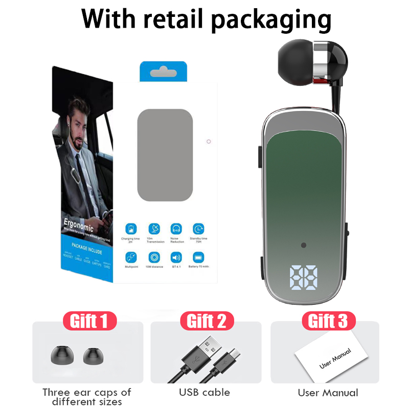 Écouteurs Bluetooth avec fil rétractable, casque avec fil, musique professionnelle, rappel de vibration 20h, allergique, 2 téléphones: green
