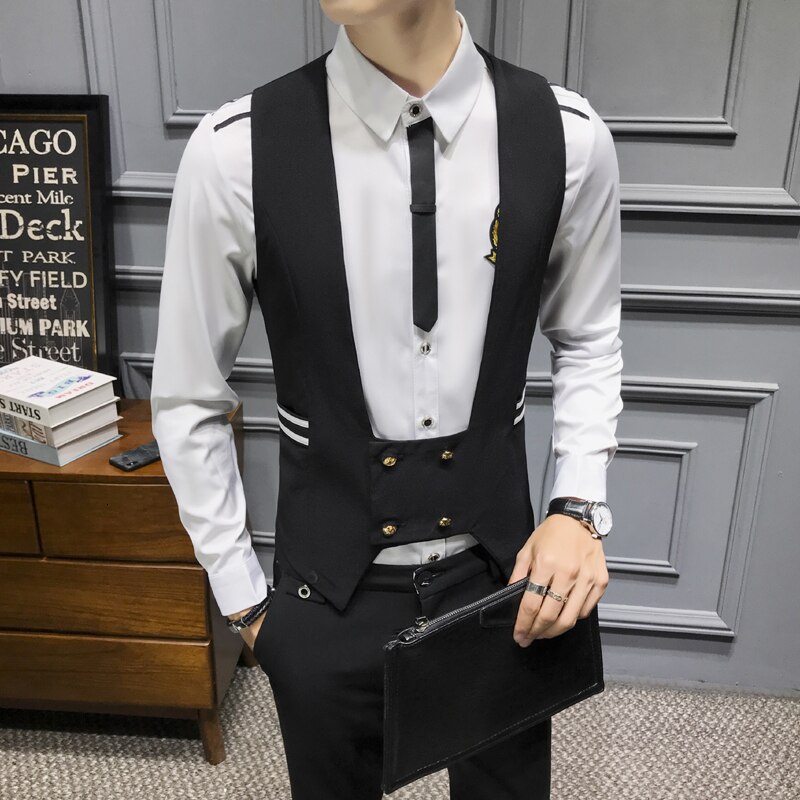 Menns business servitørvest britisk stil bar dobbeltspent kjole vest nattklubb arbeid vest vest dresser menn chaleco hombre: Svart / 5xl