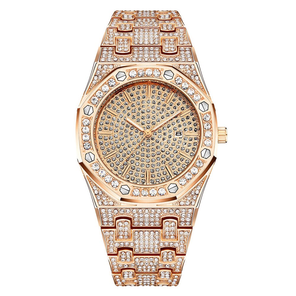 Reloj de pulsera con diamantes de acero dorado para hombre, cronógrafo masculino de de lujo, estilo Hip Hop,: Rose Gold