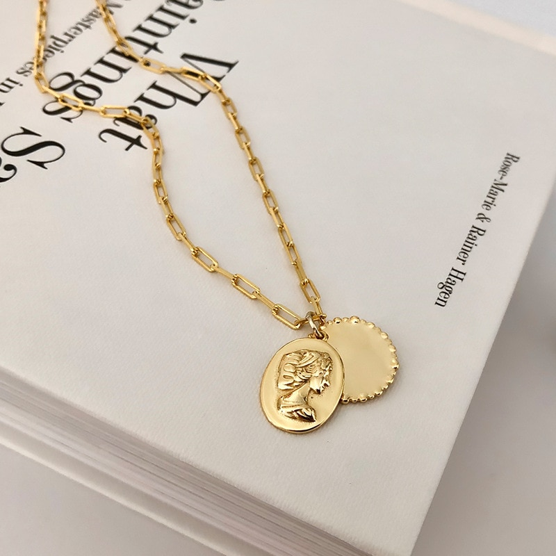 S925 Sterling Silver Jewelry Original Portrait Double-Sided Pendant Clavicle Necklace Personality Light Luxury Necklace Chain