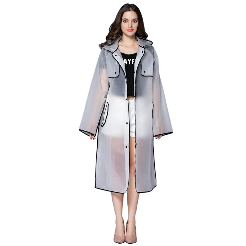 Chubasquero impermeable de plástico transparente para mujer, chaqueta con capucha y bolsillo grande, ropa de lluvia al aire libre: Black / M