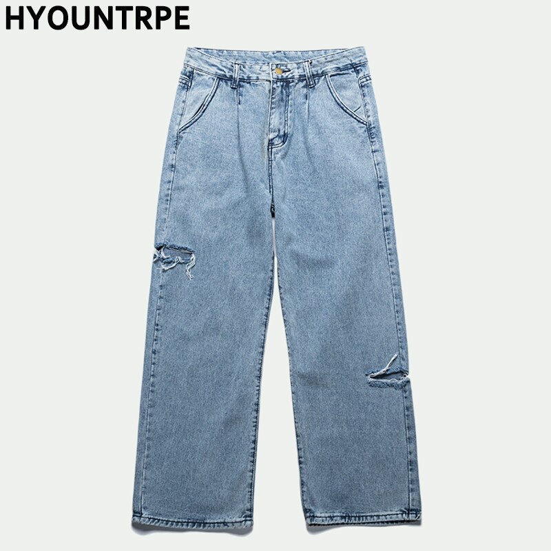 Sidehull retro denim bukser med brede ben herre rette bukser pluss størrelse rap hip hop streetwear uformell vår lang bukse: L