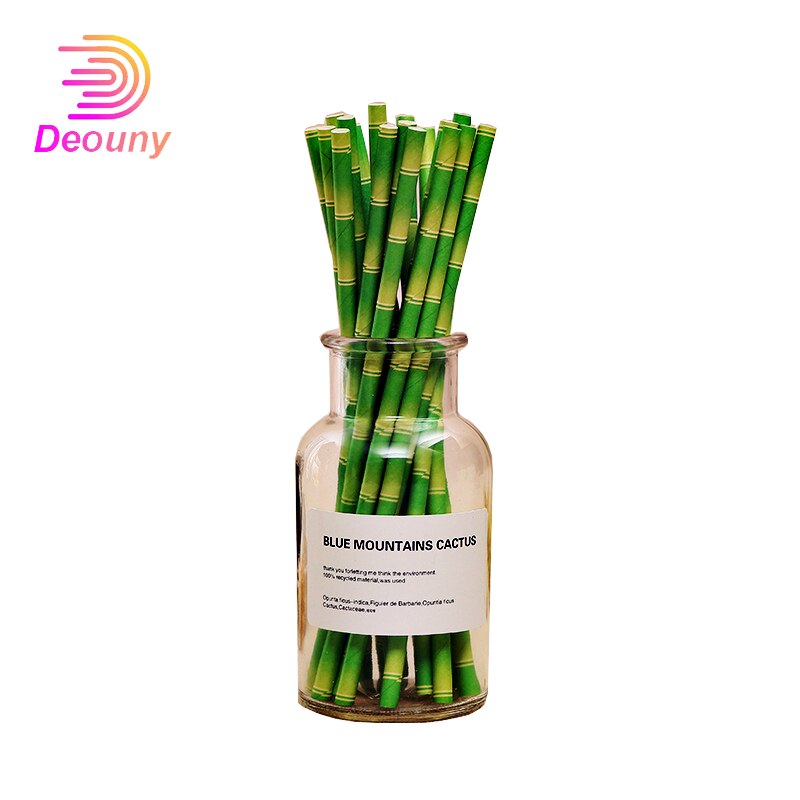 Deouny 25 stuks/partij groene bamboe papieren rietjes bruiloft decoratief evenement tropische feestbenodigdheden drinkrietjes buizen bar accessoires