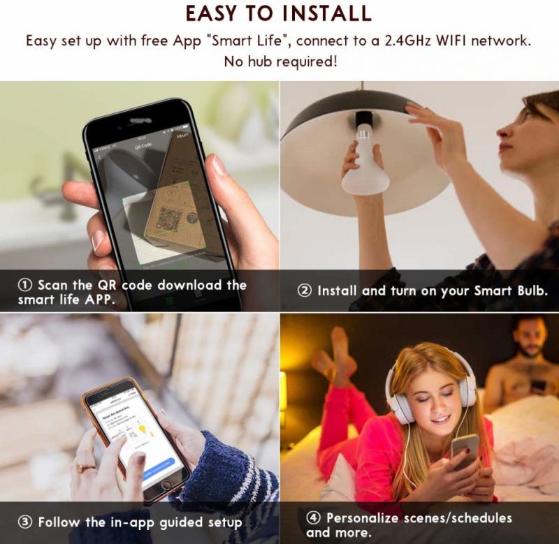 Dimmable Wifi Intelligent RBG Wireless Smart Bulb Music Lamp Light Voice APP Remote Control E27/E26/B22 For Alexa Google Home