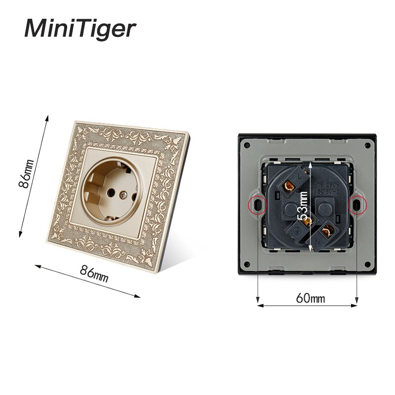 Minitiger 16A Eu Standaard Stopcontact 4D Embossing Retro Zinklegering Panel Stopcontact Ac 110 ~ 250V