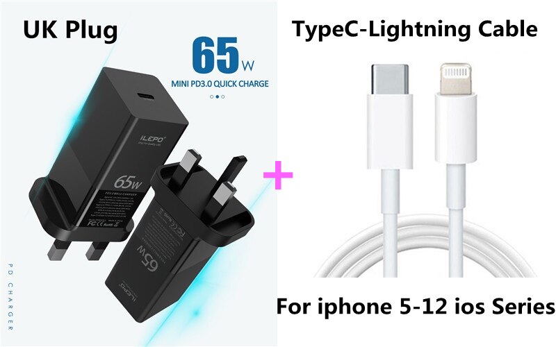 Travel 65W GaN USB C PD MagSaf* Power Adapter Fast Smart Mobile Phone Quick Charger For Laptop Macbook iphone Xiaomi Huawei: UK With C-Lightning