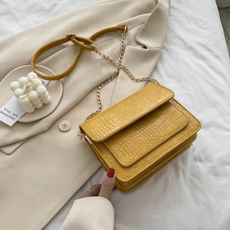 Small Crocodile Pattern PU Leather Flap Bags For Women Simple Shoulder Crossbody Handbags Chain Cross Body Bag: Yellow