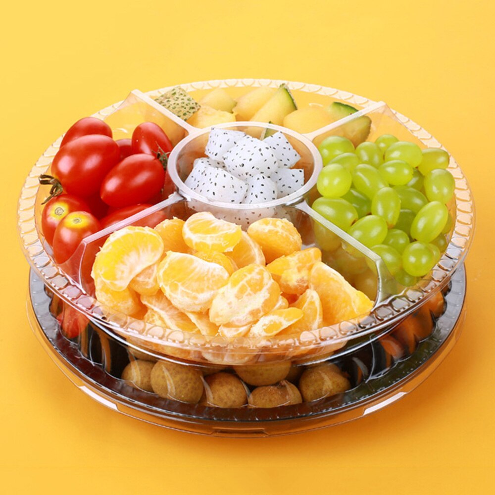 10PCS Disposable 5 Compartment Food Storage Containers Round Plastic Salad Fruits Box with Lids