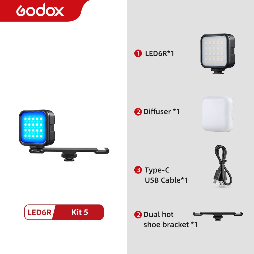 Godox LED 6R RGB Video Licht, dimmbar 0-360 Voll Farbe 3200K-6500K 13 FX Effekte Gebaut-in 1800mAh Li-Ion batterie für Video Licht: Bausatz 5