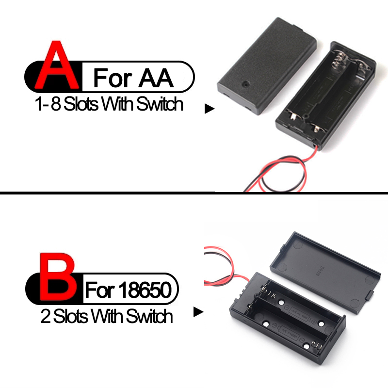 AA 18650 Black Battery Storage Case DIY battery box 1 2 3 4 Slots Batteries Container with ON/OFF Switch with Cable