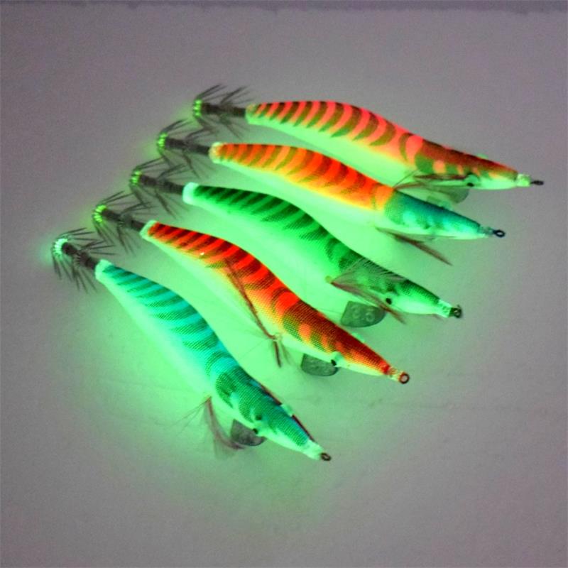 1 pieza de cebo luminoso para camarones de madera, equipado con anzuelo de calamar, cebo artificial para camarones de agua salada y agua dulce