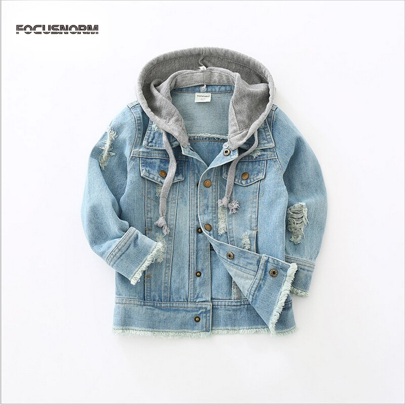 FOCUSNORM 2-8Y Winter Autumn Boys Denim Jacket Coat Blue Pocket Single Breasted Long Sleeve Hooded Tops