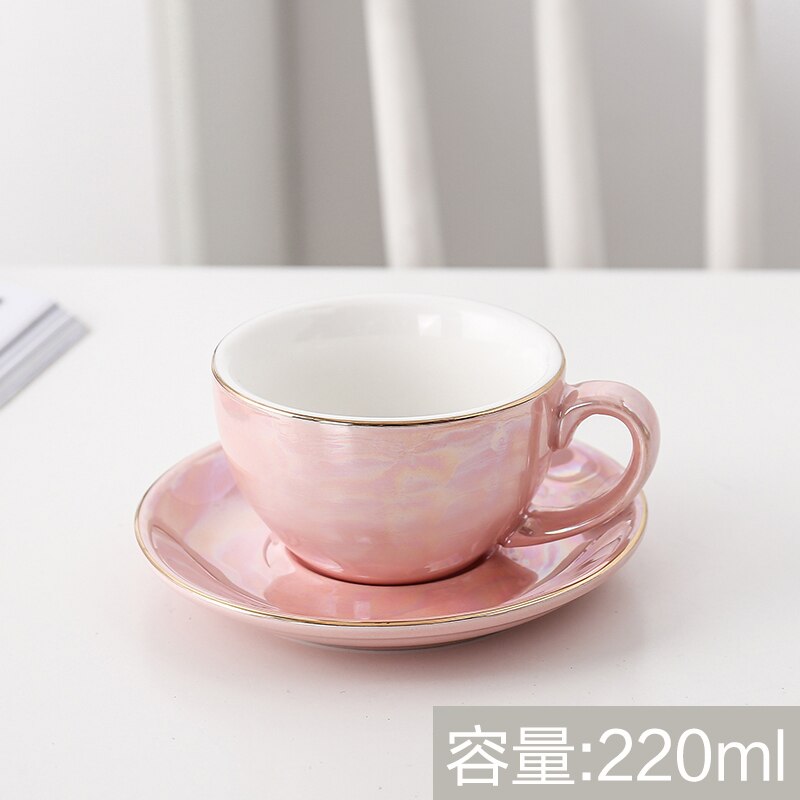 Europese Keramische Kopje Koffie Gold Lijn Parel Glazuur Koffiekopje Schotel Set Thuis Cafe Plezier: Pink-220ml