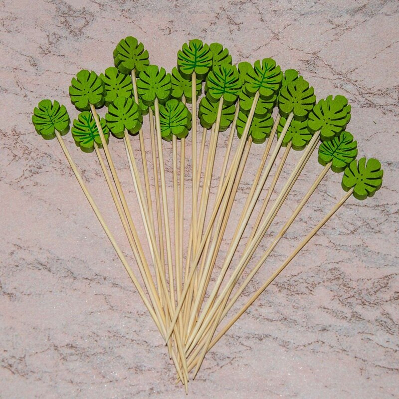 Palito de palito de bambú para decoración de , palito de Palito para ensalada, postre y cóctel, con hojas tropicales para magdalenas, 200 unidades