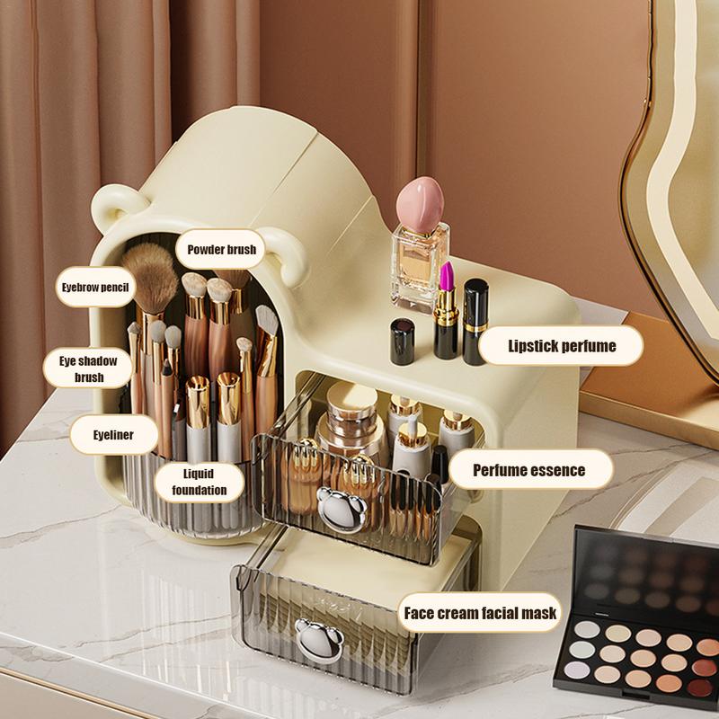 Desktop-Organizer, abgedeckter stationärer Organizer, Make-up-Pinselhalter, Bleistiftbecher, drehbarer Schreibtisch-Organizer mit 2 Schubladen für Stifte