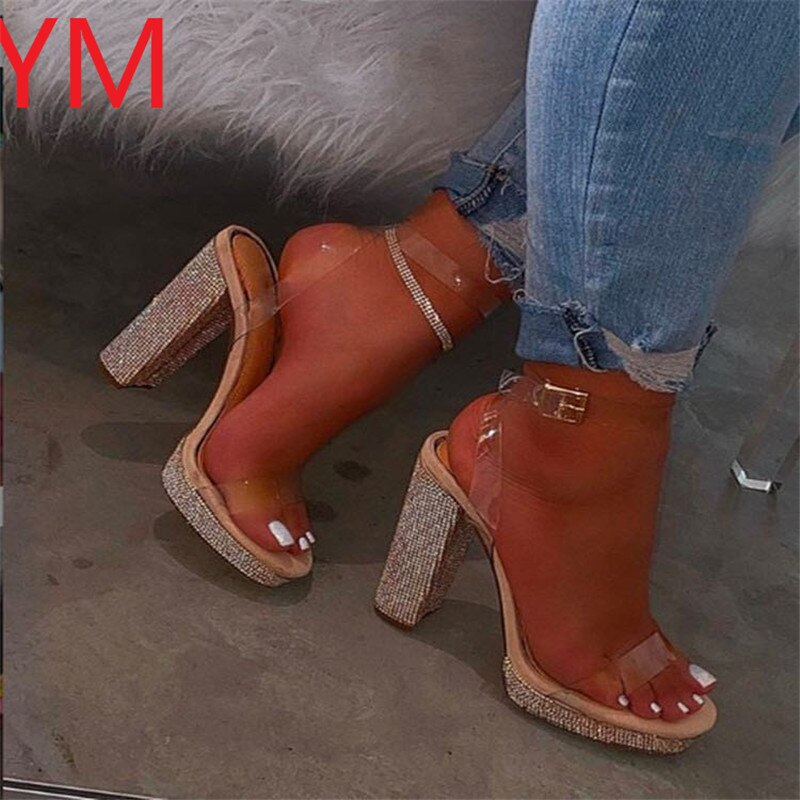 Nouvelle Version coréenne le mot boucle imperméable à l'eau plate-forme cristal confortable sauvage poisson bouche Cool chaussure PVC femmes plate-forme sandales: Beige / 41