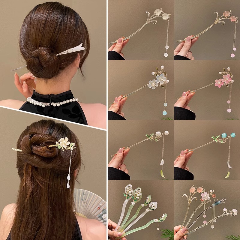 Pinza para el pelo para mujer, estilo chino, borla Retro, perla, diamantes de imitación, horquilla para boda, accesorios para el cabello, horquillas de Metal, joyería