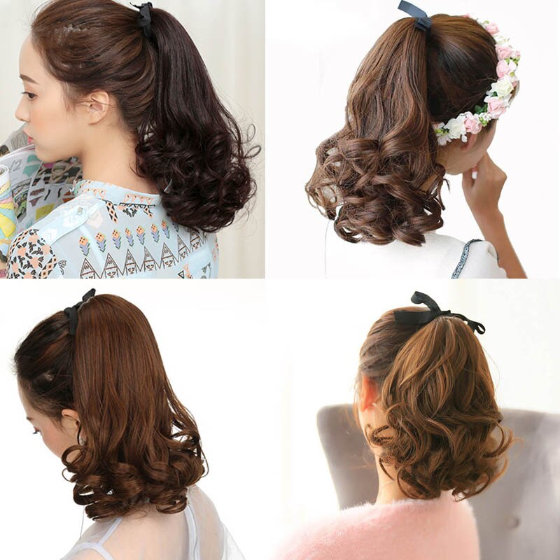 Dianqi kort lockigt hår naturligt svansklämma i syntetiskt värmebeständigt hästsvanshårförlängningar för kvinnor