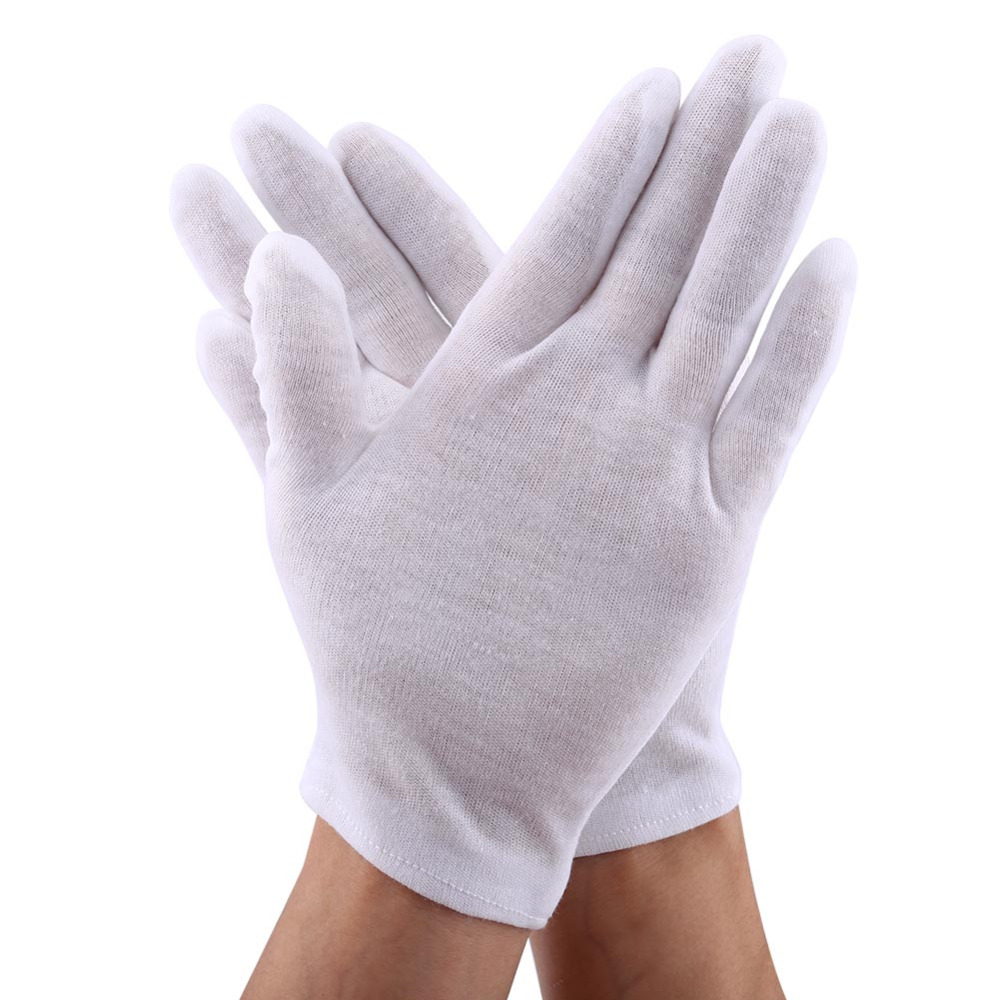 Guantes Blancos de algodón de 12 par/lote, guantes de protección para el trabajo, para la apreciación de la joyería, para la limpieza del hogar, suministro de etiquetas de jardinería