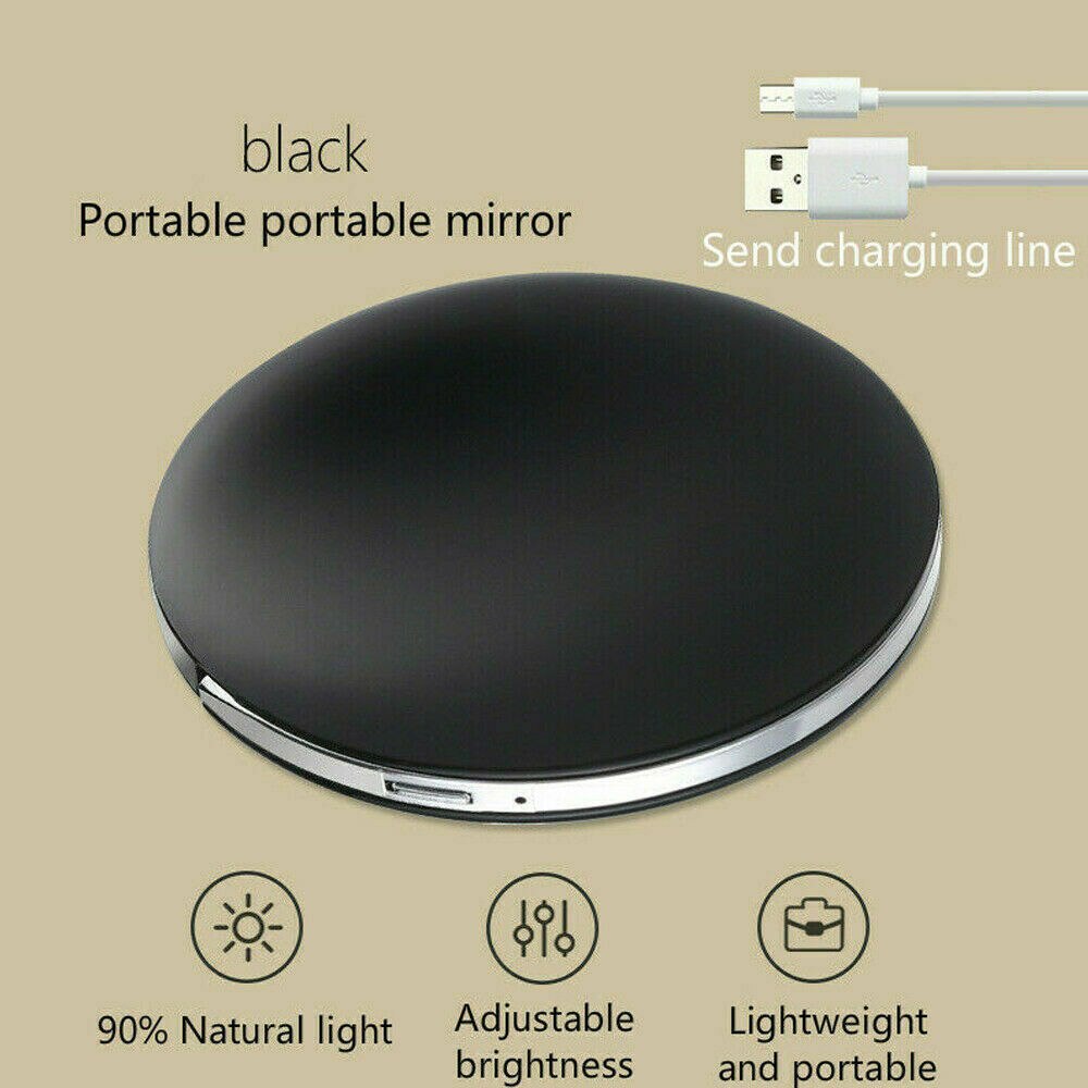 Make-up Cosmetische Opvouwbare Draagbare Compacte Pocket Spiegel met Led-verlichting Lampen Candy Kleur USB opladen draagbare ABS Spiegel: Black
