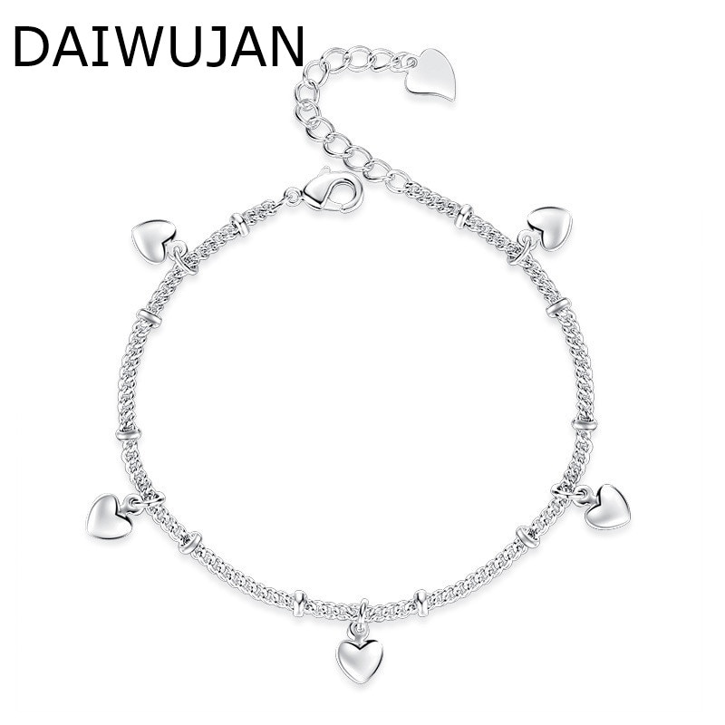 DAIWUJAN Heart Pendant 925 Sterling Silver Bracelet Romantic Beads Link Chain Bracelets For Female Women Engagement Jewelry