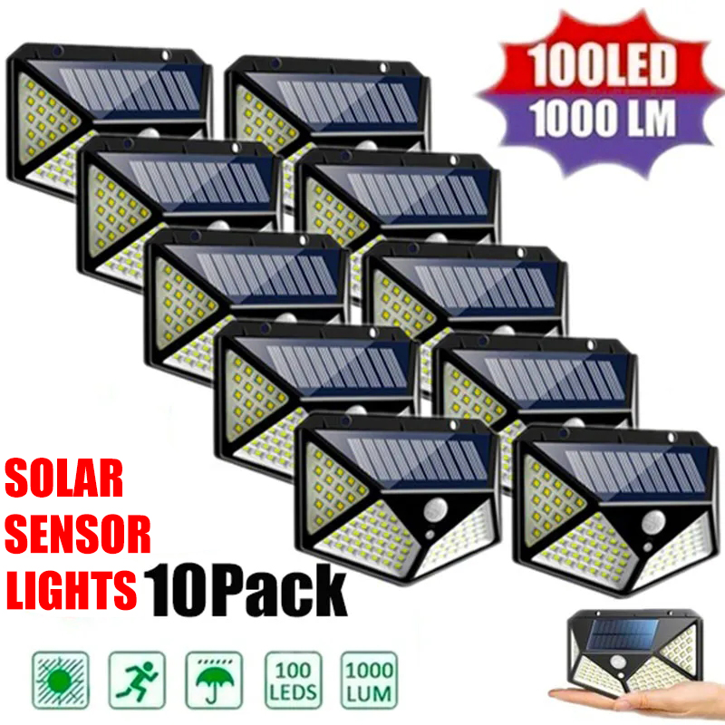 1/2/4/6/10 pièces 100 LED applique solaire 4 côtés lumineux avec capteur de mouvement extérieur jardin cour étanche applique murale
