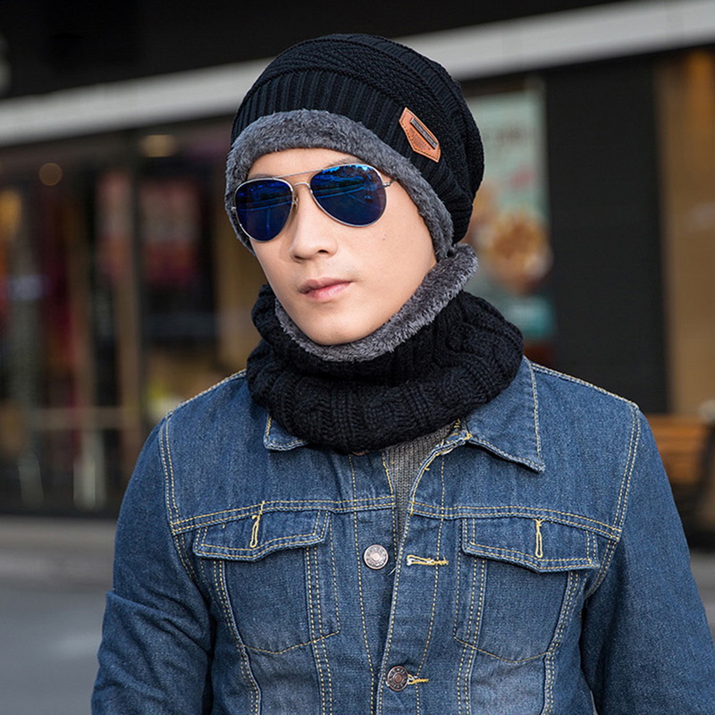 Nibesser effen gebreide mutsen, muts, sjaal plus fluwelen wintermuts, man, vrouw, warme, dikke muts, ski, zachte sjaals, muts, sjaalset: Volwassen zwarte