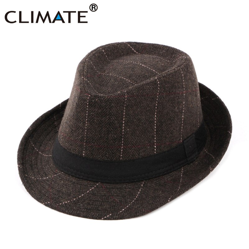 CLIMATE Men Jazz Hat Cap Fedora Plaid Formal Hats for Man Solid Winter Polyester Woolen Fedoras Cap Black Fedora Men Hat Cap: Coffee