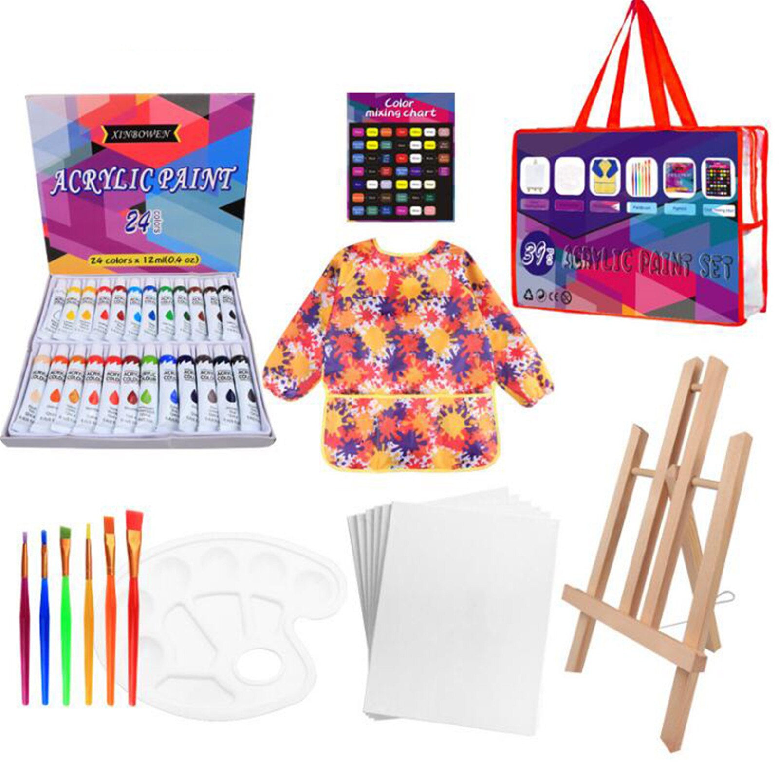 39pc Acrlic Paint Pigment Set Contains Paintbrush Easel Palette Drawing Paper School Home Stationery Graffiti Supply #T1G