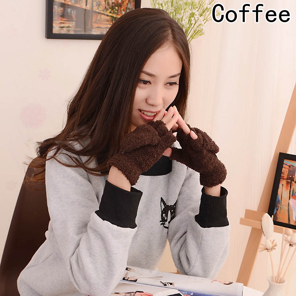 Coral Fleece Knit Half Finger Flip Cuff Mitten Boy / Girl Winter Plus Velvet Thick Warm Writing Glove: CE