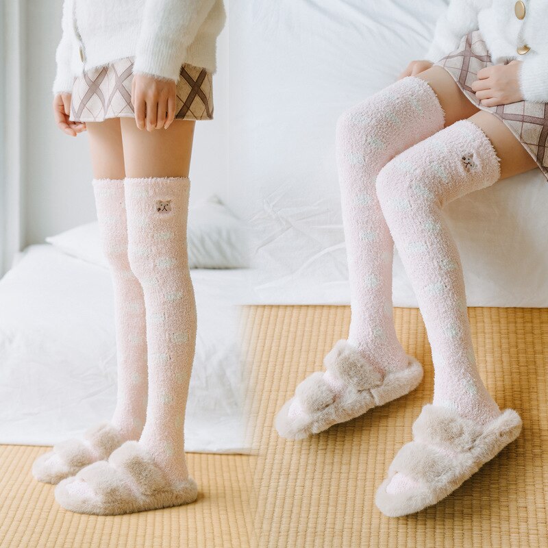 Autumn Winter Warm Stockings For Women Girls Cute Coral Fleece Soft Tube Leggings Sleeping Confinement Knee Stockings