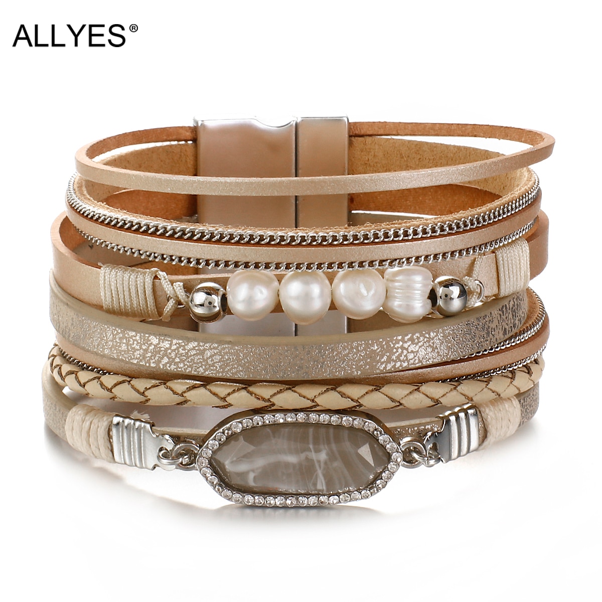 Allyes Resin Charm Parel Kralen Lederen Armbanden Voor Vrouwen Multilayer Wrap Armband Zomer Sieraden Huwelijkscadeau