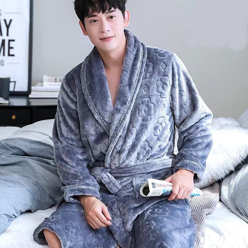 Men's Winter Nightgown Warm Flannel Sleepwear For Men Plus Size Nightwear Comfortable Thick Homewear For Men: Colour3 / XXXL