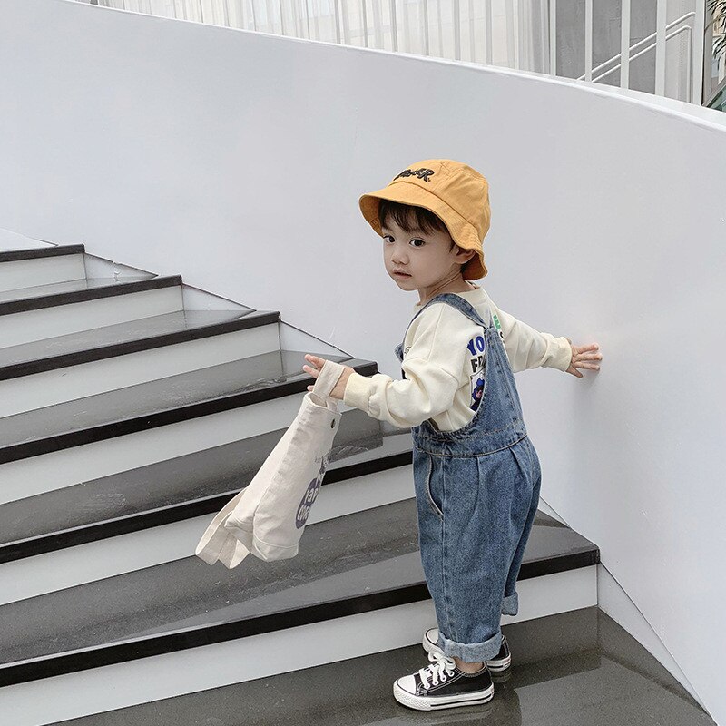 Spring Autumn Korean style baby boys denim loose overalls cute girl kids casual all-match suspender trousers bib pants