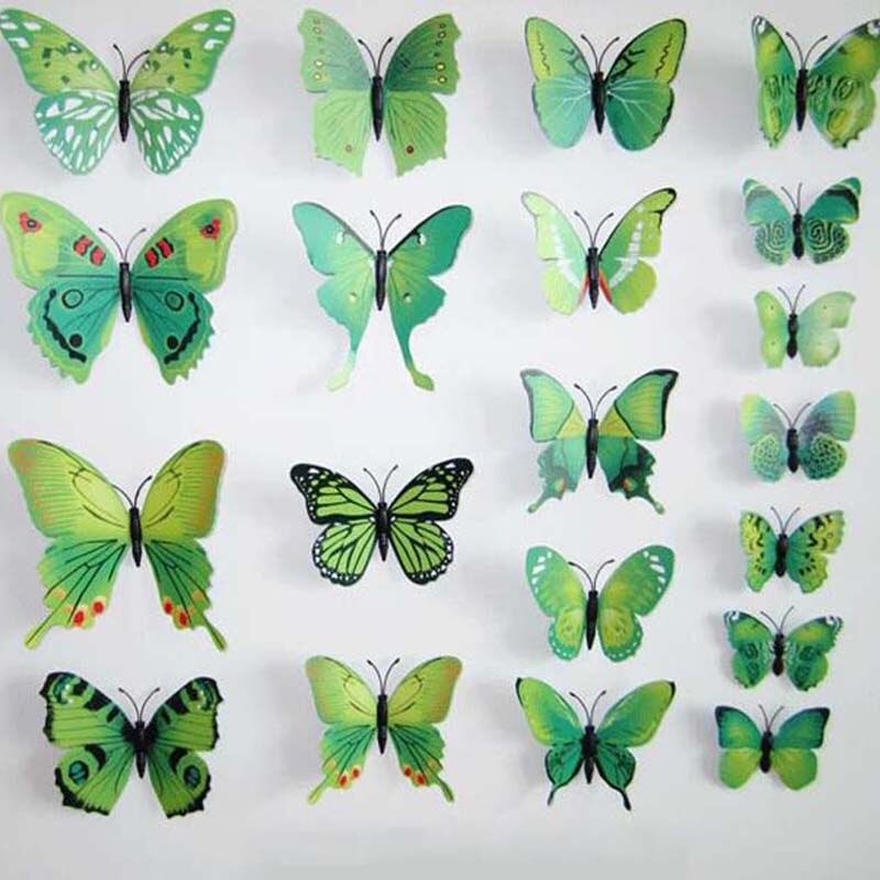 12 stks Waterdicht Muurstickers Groene Vlinder Muurstickers Voor Kinderkamer TV Muursticker Home Decor Keuken PVC Vlinder 3D DIY: green