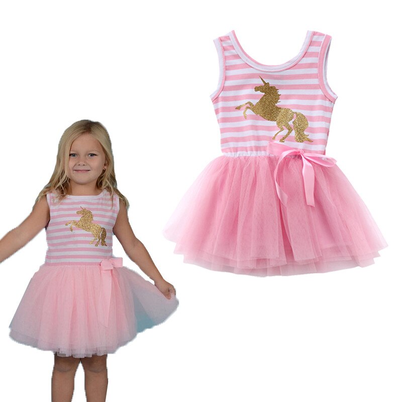0-5T Pink Baby Girls Dress Cute Unicorn Print Dress For Girls Animal Sleeveless Striped Wedding Party Tutu Dress Girls Clothes