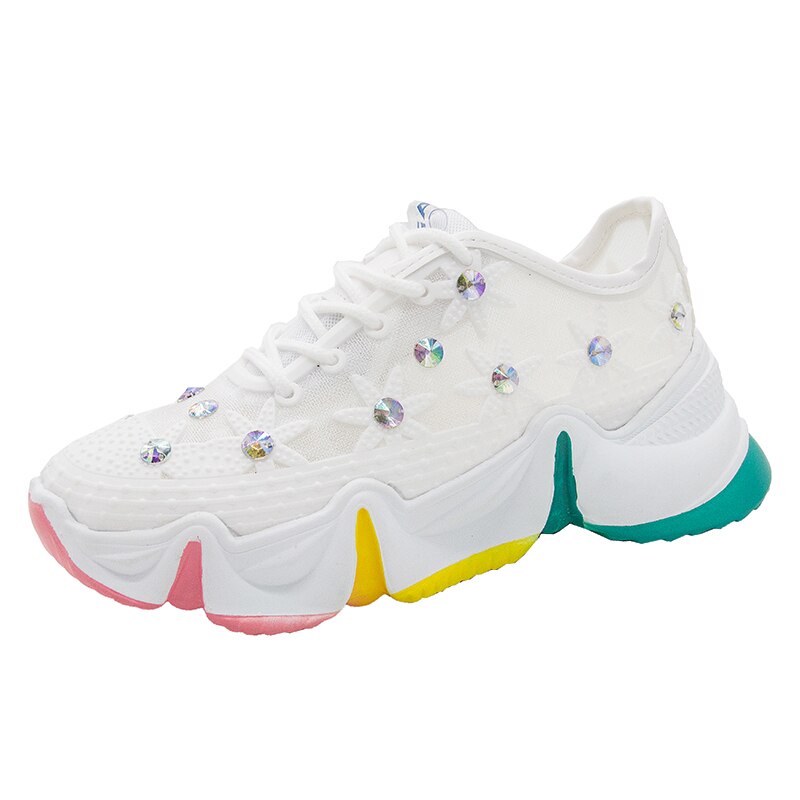 Hvide kvinder chunky sneakers rhinestone blomst far sko tyk multifarvet sål dame platform sko sommer dame sko