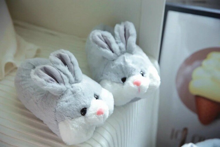 Women Cute Animal slippers Girls Rabbit Home shoes Big size 42 Non slip Flat with Winter slipper Short Plush TPR Sole: Gray / 6