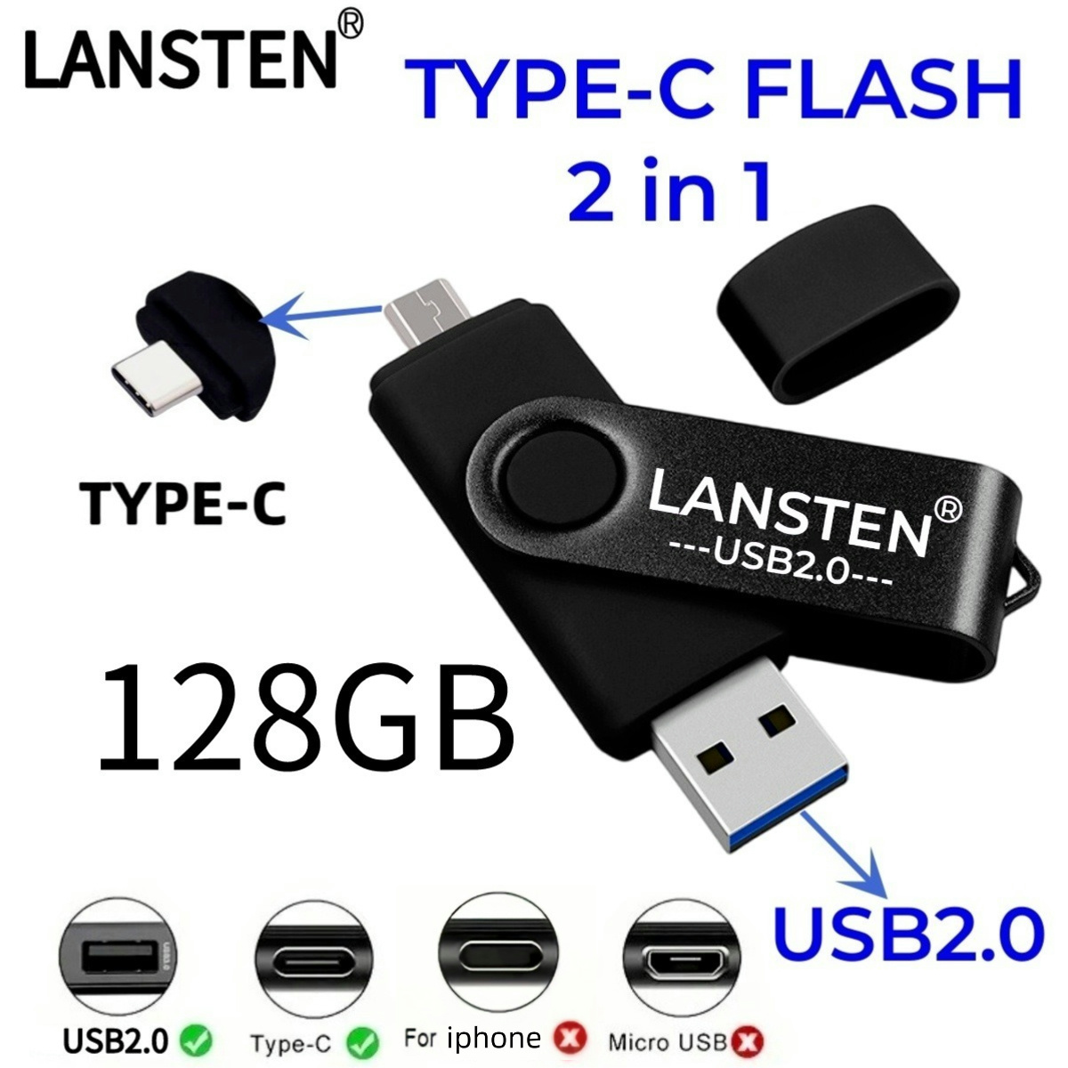128GB USB C Flash Drive, 2 in 1 USB 2.0 Type C Thumb Drive Photo Memory Stick for Android Phones/Tablet/PC/Mac: black